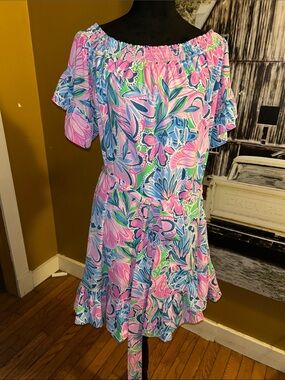 NWT Lily Pulitzer Off-Shoulder Floral Summer Dress in Pink, Blue & Green